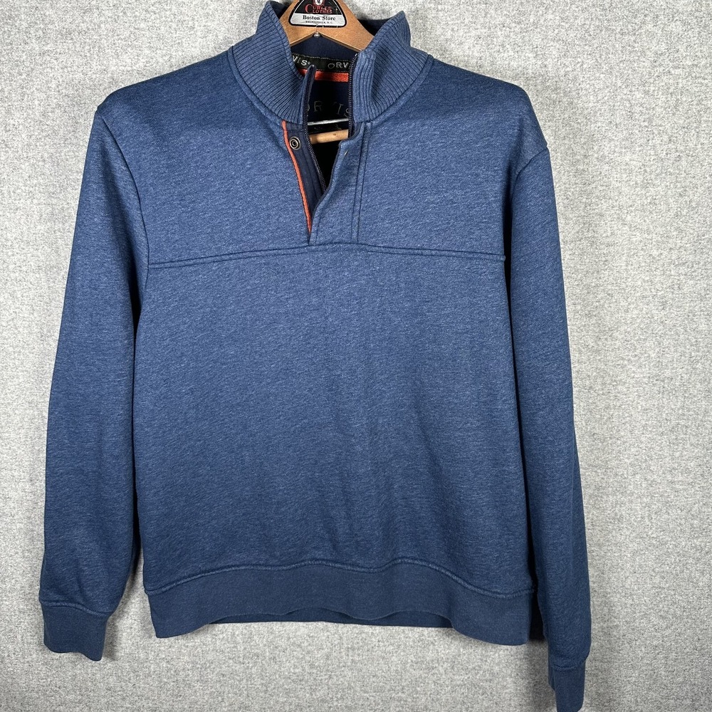 Orvis Mens Medium Pullover 1/4 Zip Long Sleeve Blue Mock Neck Top Cotton Blend